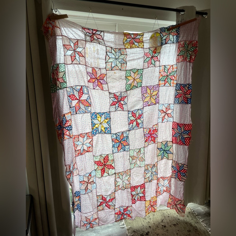 Vintage Hand Sewn Feed Sack 8 Point Star Quilt